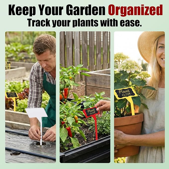 100 Pack 11.8" White Plant Labels for Outdoor Garden Waterproof, T-Type Garden Label Stakes with Black Stickers & Gold Pen, Tall Plant Markers and Plant Tags for Vegetables, Herbs, Flowers