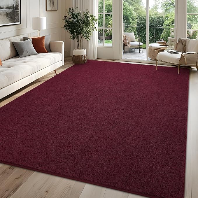5x7 Burgundy Red Area Rug Modern Aesthetic Minimalist | Washable Memory Foam, Low Pile Non Slip Indoor Carpet for Living Room Bedroom Office Classroom College Dorm Room Home Decor