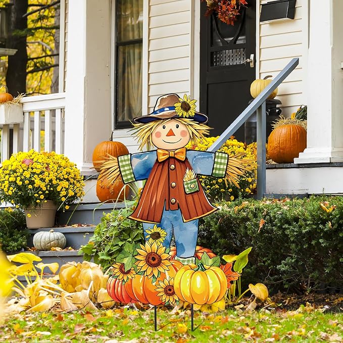 JarThenaAMCS 33" H Fall Scarecrow Metal Garden Stakes Rustic Pumpkin Pile Scarecrow Decorative Lawn Sign for Autumn Thanksgiving Home Outside Lawn Porch Decor