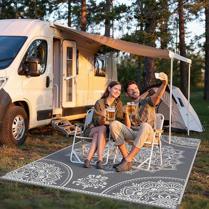 Pauwer Waterproof Outdoor Rug 6x9, Reversible Plastic Straw Patio Camping Rug, Indoor Outdoor RV Mat Carpet for Deck, Camper, Porch, Balcony, Backyard, Picnic, Floral Grey