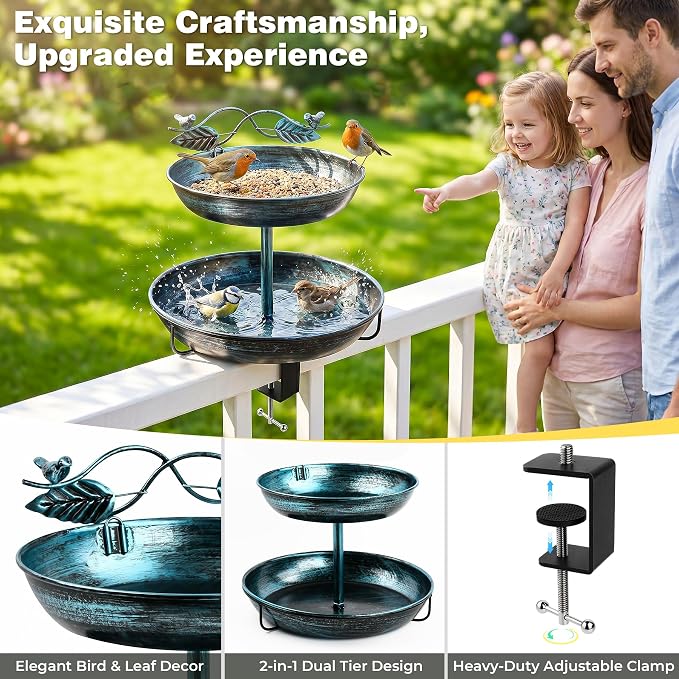 2 in 1 Deck Bird Bath & Feeder for Railing, Metal Birdbath & Birdfeeder with Adjustable Clamp, Detachable Bird Baths Water Bowl, Rustproof Wild Bird Balcony Patio Yard Garden Decor (Lake Blue)