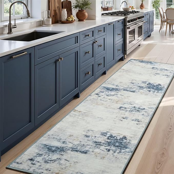 Toneed Washable 2x6 Non-Slip Abstract Runner Rug for Hallway Kitchen | Soft Modern Low Pile Area Rugs for Bedroom Laundry Living room,Indoor Carpet for Bedside Home Decor, Blue/White