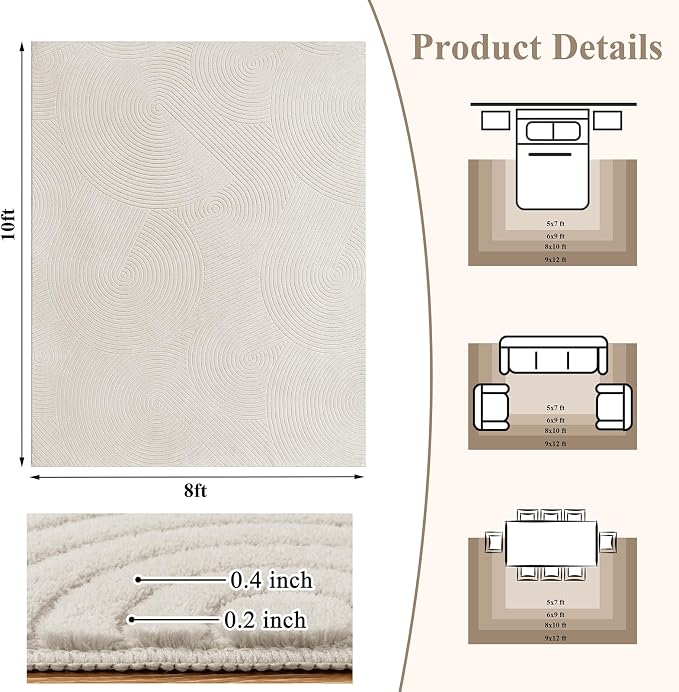 U'Artlines 8x10ft Washable Area Rug for Living Room, Beige | Minimalist Modern, Soft Fluffy, Non Slip High-Low Pile Rug for Bedroom, Carpet for Dining Area, Kids Nursery Room