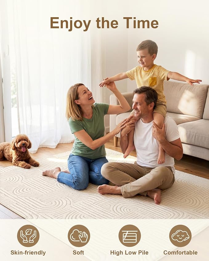 Carvapet 5x7 Area Rug Beige Modern Geometric Maze Washable Carpet | Soft plush rug with 3D high low pile texture and skid resistant backing for living rooms and bedrooms