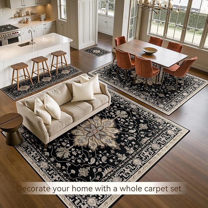 RELEANY Washable Area Rug, 7'x9', Black/Neutral | Non-Slip, Water Repellent, Pet Friendly, Easy to Clean, Vintage Floral Boho Decor for Living Room Bedroom Dining Room Office
