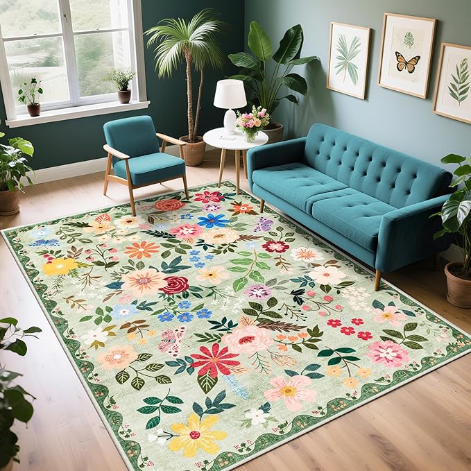 PLHXFR Area Rug Living Room: 5x7 Floral Washable Boho Soft Carpet Green | For Bedroom Dining Room Farmhouse Nursery Hallway,Vintage Floral,Machine washable,Non Slip,Stain Resistant,Large Indoor