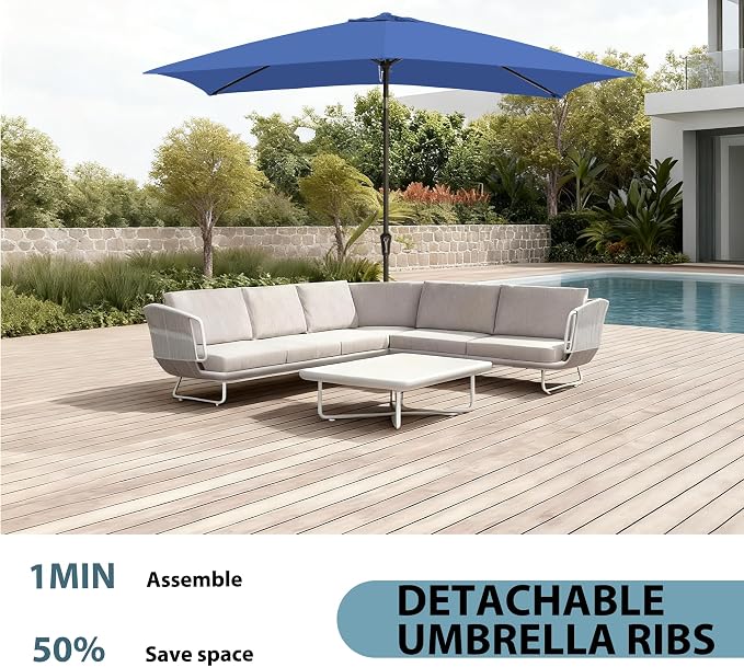 6.5x10FT Rectangular Patio Umbrella with Push Button Tilt & Crank Lift for Garden,UV Protection Outdoor Umbrella for Deck,Pool and Yard,Blue