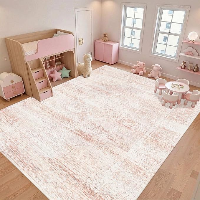 Latte&Fog Large Area Rugs 9x12 for Living Room Washable Cute Pink Rugs | Non Slip Low Pile Soft Floral Carpet for Girls Bedroom Dining Kitchen Kids Playroom Nursery Classroom Dorm Farmhouse Office