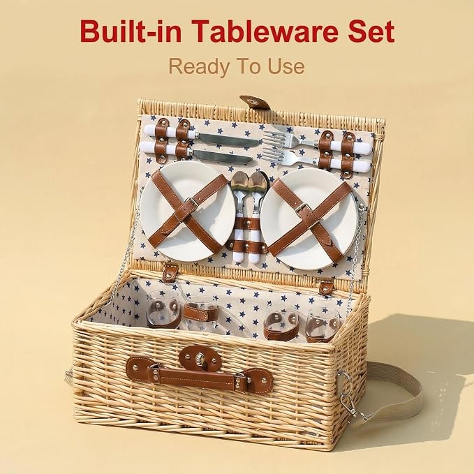 Multifunctional Wicker Picnic Basket Set for 4 Blanket Family Folding Wine Table,Insulated Portable Extra Big Storage Capacity Woven Rattan Canasta De Full Tablewares Camping Outdoor Flowers Star