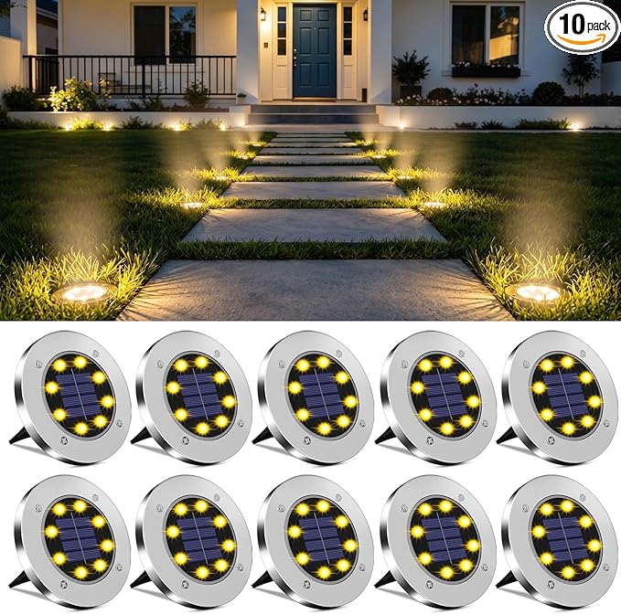 OULONGER 4.6in Solar Ground Lights 10 Packs, Garden Solar Outdoor Waterproof Pathway Bright In-Ground Landscape Lights for Patio, Lawn, Yard, Driveway, Step and Walkway Warm Light