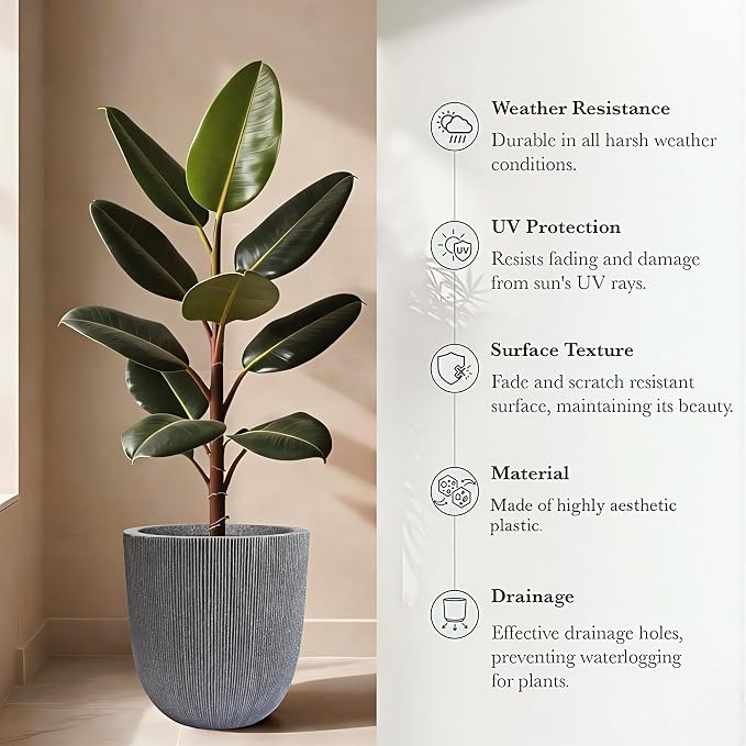 12.4" Tall Round Tapered Planter - Gray Faux Cement Finish, Lightweight Durable Plastic Plant Pot with Drainage Hole & Plug, Weather & UV Resistant Pot for Plants Indoor/Outdoor Use, 10.5" Opening