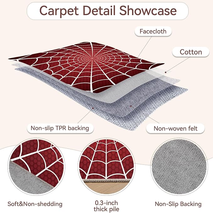 Red Spider Web Area Rugs for Living Room 5x7,Halloween Spiderweb Bedroom Rug Washable Non-Slip Soft Floor Big Carpets for Dining Room Nursery,Kids Home Decor Aesthetic