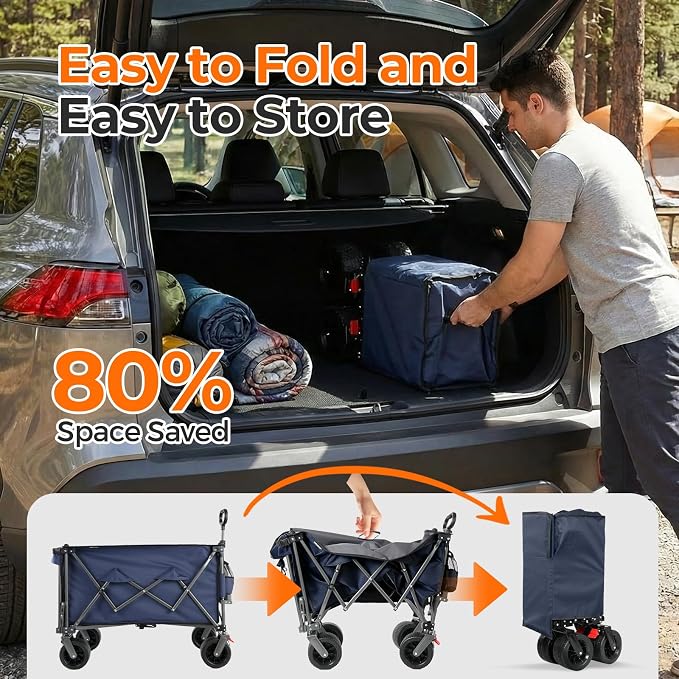 Collapsible Wagon with Tailgate, 55" Expandable 300L All-Terrain | 500 Lbs Heavy Duty, Utility Folding Wagon, 7"×4" Wheel, 360° Swivel & Brakes, Long Item Storage,Beach, Camping, Gardening