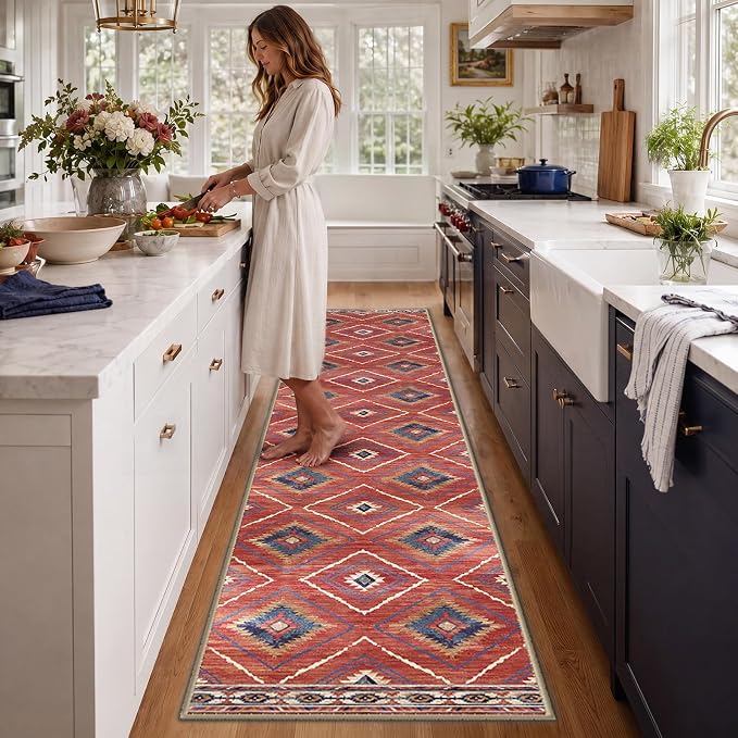 2'x8' Washable Area Rug for Living Room Runner Red/Orange | Soft Western No Slip Low Pile Print Foldable Indoor Small Rug for Kitchen entrance entryway hallway