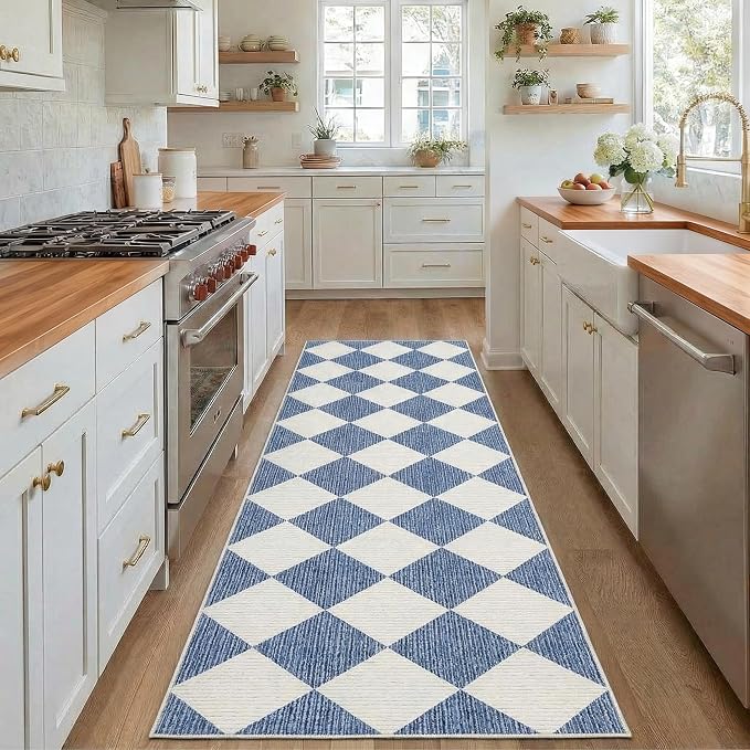 GarveeHome Checkered Rug Runners Hallway 2x6 Navy Blue Kitchen Runner | Non Slip Soft Diamond Print Entryway Rug Thin Laundry Mat Stain Resistant Carpet for Bedroom Bathroom Beside