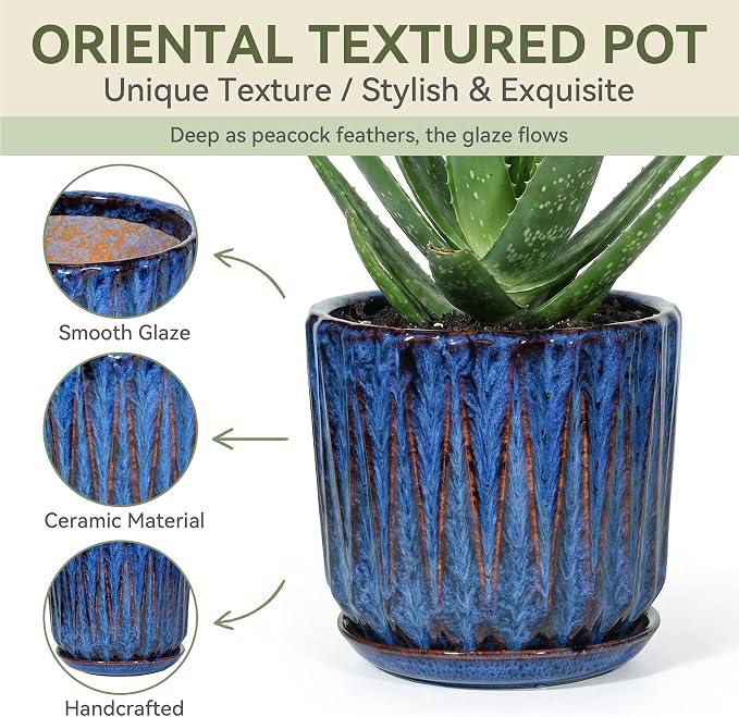 7.5 Inch Ceramic Planter Pot with Saucer Drainage Leak-Proof Mesh,Flower Pots for Indoor Plants with Gardening Gloves,Ceramic Planter(Peacock-Blue)