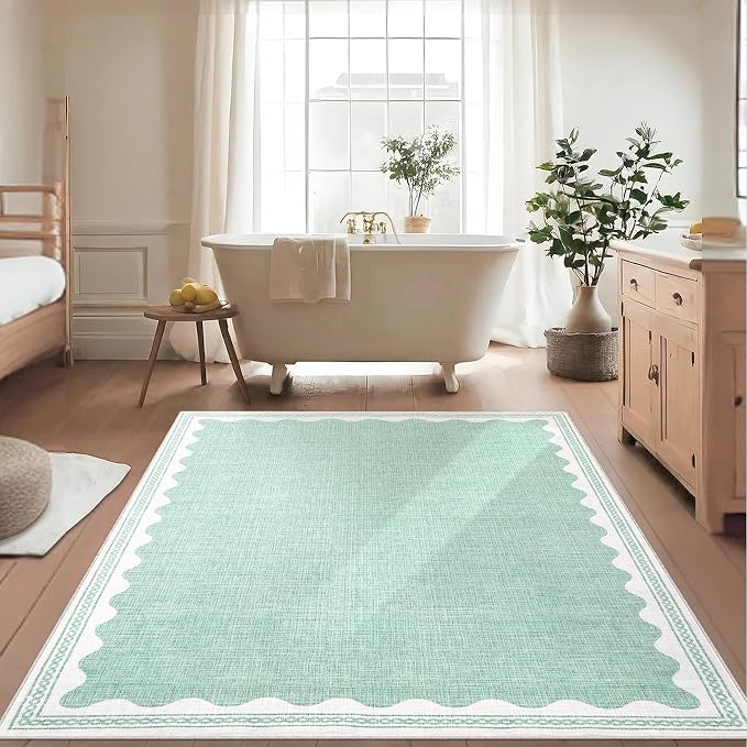 3x5 Scalloped Area Rugs Green Washable Entryway Bedroom Rug | Solid Tan Rug for Bedroom Girls, Non Slip Throw Carpet With Rubber Back, Soft Dorm Nursery Scalloped Rugs for Dining Room