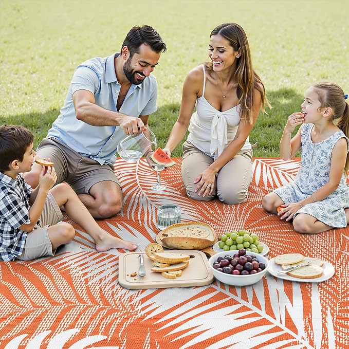 Outdoor Patio Rug, 6'x9' Plastic Straw Waterproof Mat, Reversible Camping Rug for RV Outside,Colorful Outside Layering Rug for Patios, Backyard, Deck, Balcony,Beach, Orange & White