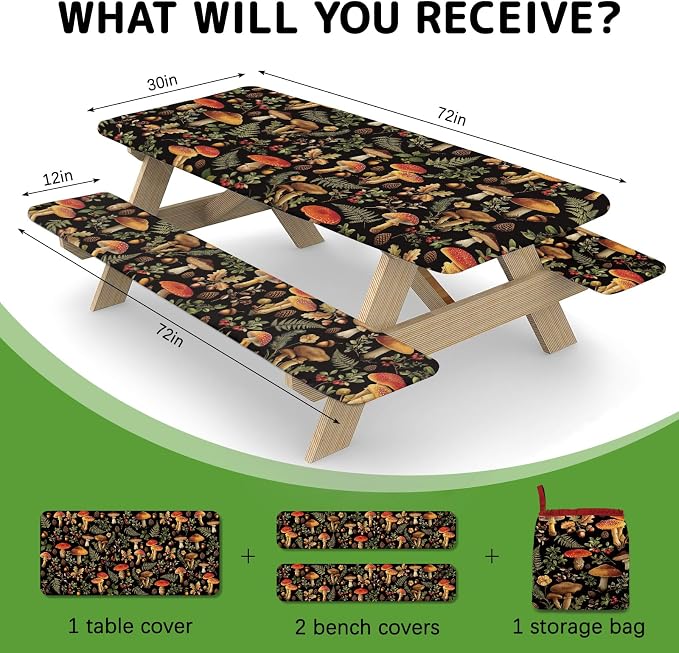 Picnic Table Cover with Bench Covers Elastic Edges, 3 Pcs Mushroom Fitted Table Cover with Drawstring Bag, Waterproof Windproof Aesthetic Camping Tablecloth, Outdoor Camping Essentials 72 Inch