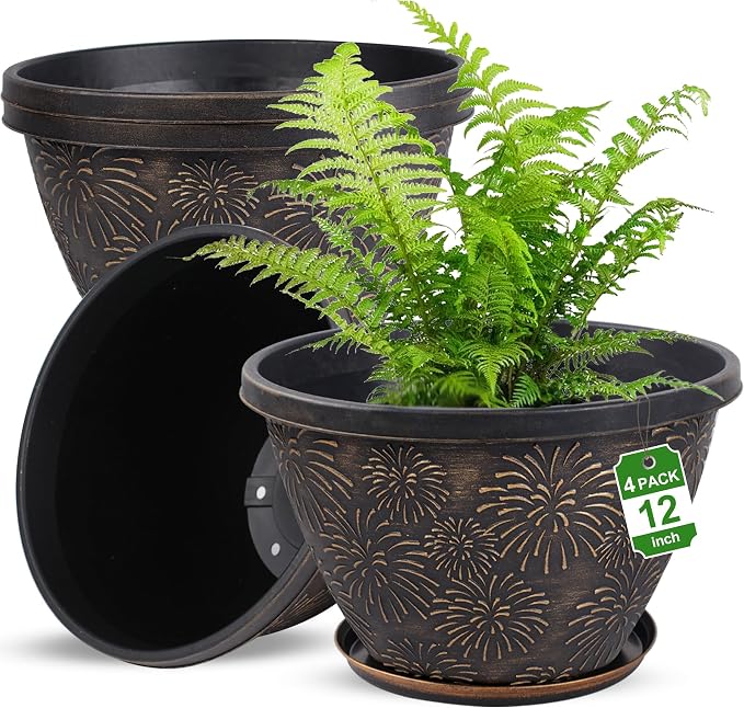 Nooulap 4 Pack 12 Inch Plant Pots with Drainage Holes and Saucers, Large Plastic Flower Pots for Outdoor Indoor Medium Planters, Shrubs Home Garden Patio Decor, Antique Gold Firework Embossed Design