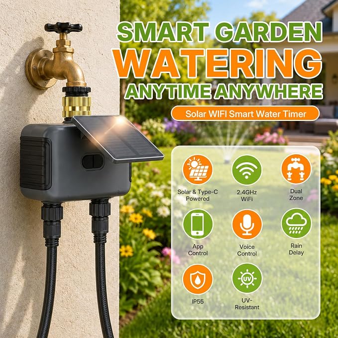 Mcbazel Solar & Type-C Charging WiFi Water Timer for Garden Hose, Smart 2-Zone Sprinkler Controller with App & Voice Control, Programmable Irrigation System with Auto & Manual Modes for Yard