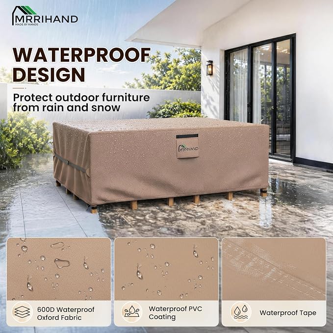 Mrrihand Upgrade 600D Heavy Duty Patio Furniture Covers Waterproof, Patio Furniture Outdoor Sectional Sofa Couch Set, Patio Table and Chair Set Cover 107" L×81" W×27.9" H, Brown