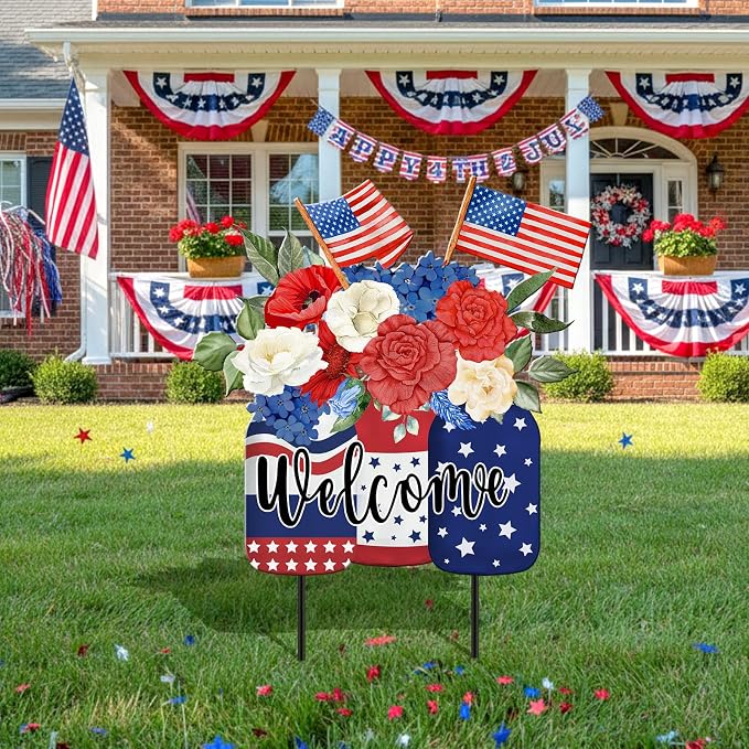 MorningRo Patriotic 4th of July Yard Sign American Flag Outdoor Decor 26" Patriotic Welcome Yard Outdoor Decor 250th Anniversary Flag Floral Vase Decorative Lawn Sign for Outside Garden Lawn Patio