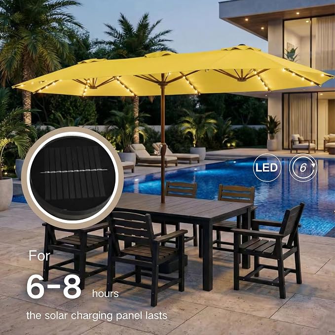 Kingdura 15ft Large Patio Umbrella with Solar Lights, Double-Sided Rectangle Lighted Outdoor Table Umbrella with Base Included, 12 Reinforced Ribs, 48 Led Lights, Crank Lift for Market Pool Deck Backyard, Yellow