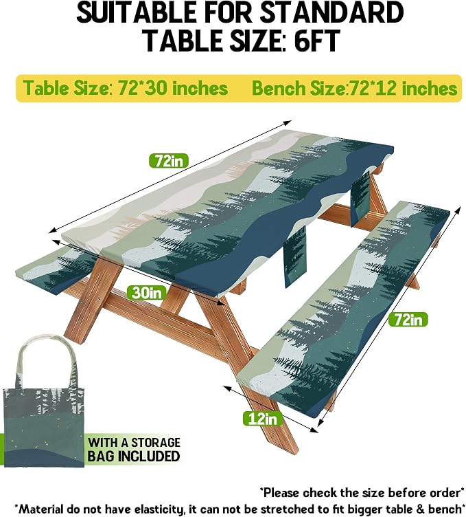 Picnic Table Cover with Bench Covers Waterproof Elastic Rectangle Tablecloth Camping Essentials Supplies Rv Car Travel Must Haves Gear Accessories Fitted Table Cloth Outdoor Road Trip Camper Gifts 6ft