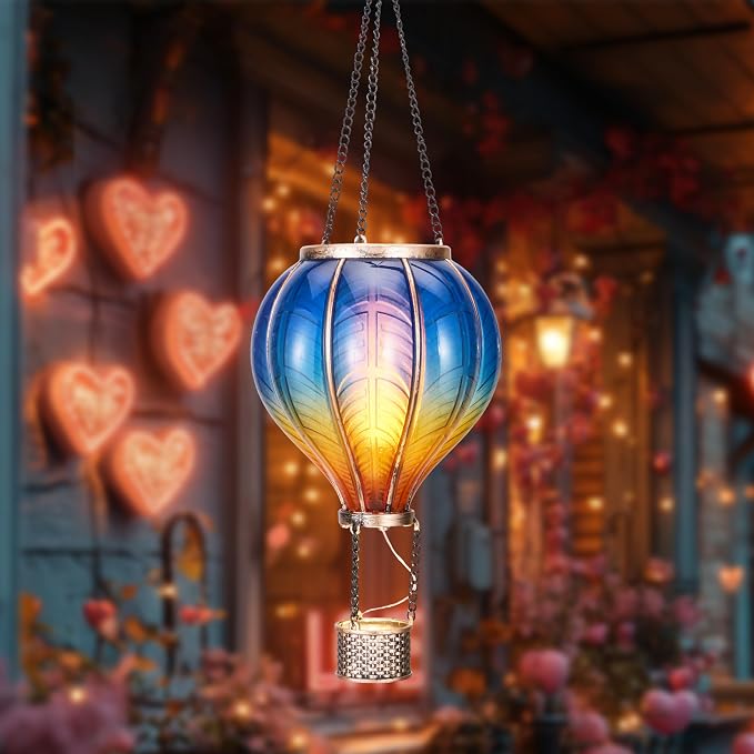 TERESA'S COLLECTIONS Hot Air Balloon Lantern for Garden Decor ,Flickering Flame Hanging Light for Outdoor ,Blue & Yellow Plastic Lamp for Yard Tree Gift for Mom