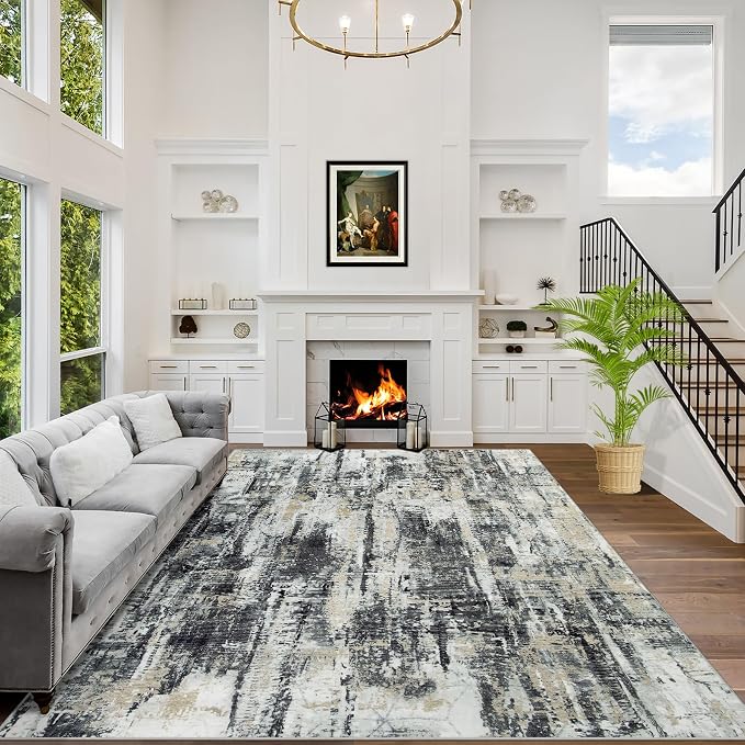 6x9 Area Rugs for Living Room: Washable Abstract Black Grey Gold Carpet | Non-slip TPE backing makes this washable soft low-pile rug safe & durable, Pet-friendly decor for dining room,nursery,office