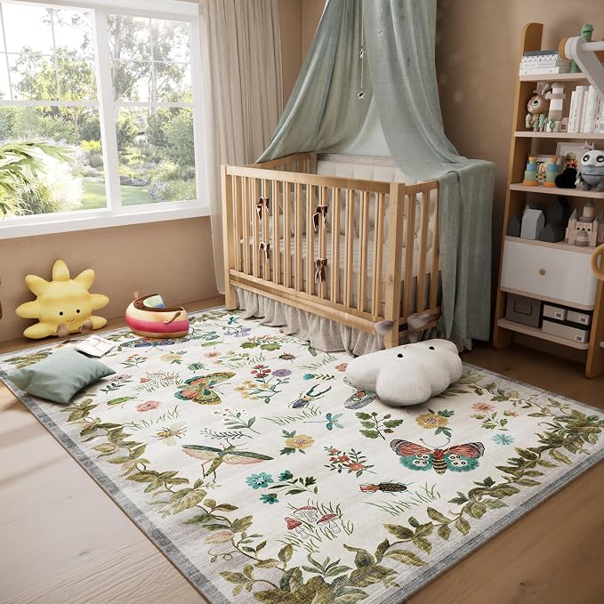 Washable Area Rugs for Living Room: 5x7 Bedroom Rug Vintage Rugs Stain Resistant Non Slip Low Pile Soft Lightweight Carpet for Kitchen Dining Room Farmhouse Nursery Kids Room Indoor
