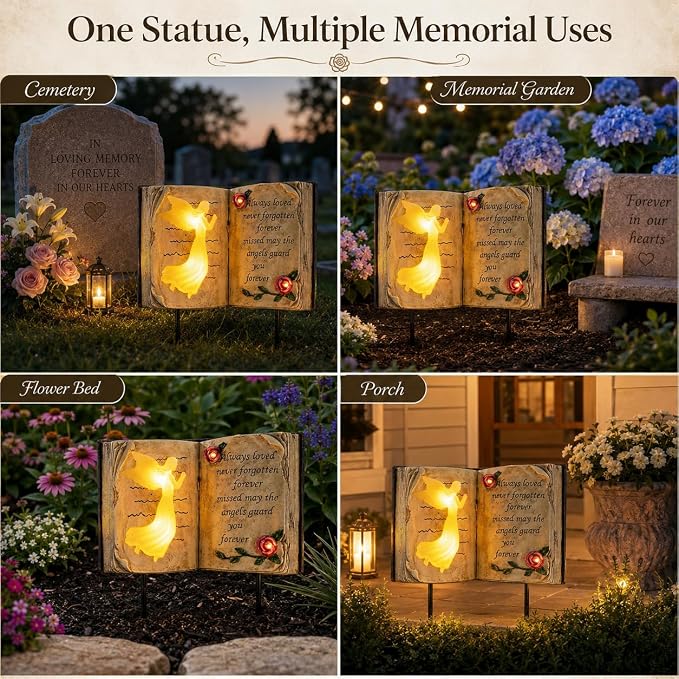 Solar Memorial Garden Lights, Angel Book Statue with Warm LED Glow, Weather-Resistant Outdoor Cemetery Decorations with 2 Removable Stakes, Sympathy Gifts for Loss of Loved One, Garden Yard Decor
