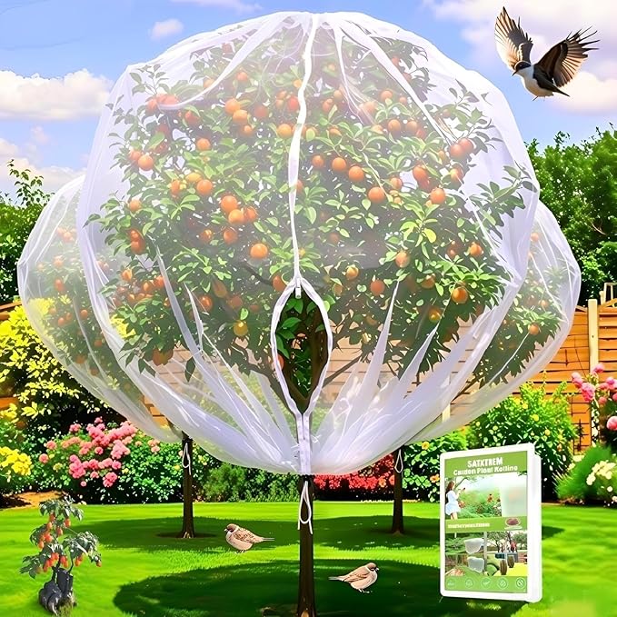 1 Pack 10x13.7Ft Extra Large Drawstring & Zipper Fruit Tree Netting Cover - Reusable Bird Netting for Blueberry Bushes, Anti-Cicada/Deer/Squirrel Large Plant Protection Net