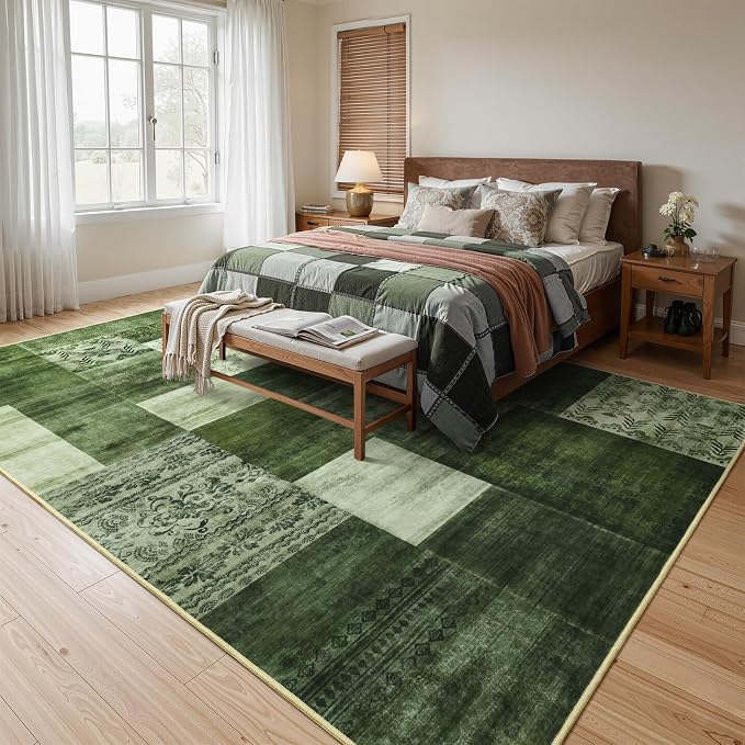 Washable Area Rugs 4x6 for Living Room, Modern Geometric Green Soft Patchwork Carpet, Non-Slip Stain Resistant Throw Rug for Bedroom Dining Room Office Home Decor