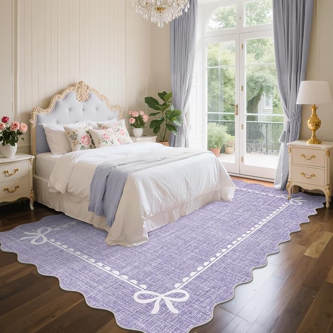 GarveeHome Scalloped Bow Rug 9x12 Washable Purple Rugs for Girls Bedroom | Non Slip Soft Low Pile Indoor Large Carpet for Living Room Nursery Decor Hallway Kids Room College Dorm Playroom