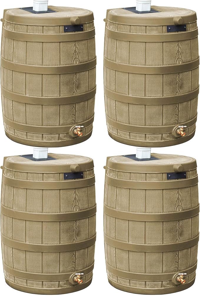 Good Ideas Rain Wizard 50 Gallon Plastic Outdoor Home Rain Barrel Water Storage Collector with Brass Spigot and Flat Back Design, Khaki (4 Pack)