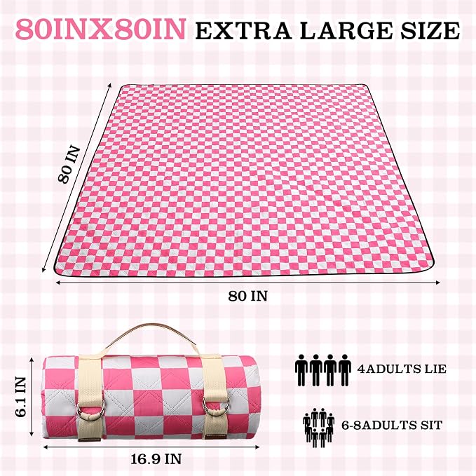 Nuanchu Checkered Picnic Blanket Extra Large Outdoor Blanket Sandproof 80"x80" Waterproof Portable Machine Washable 3 Layer Thick Gingham Picnic Mat for Beach Camping Park Grass Travel(Bright Pink)