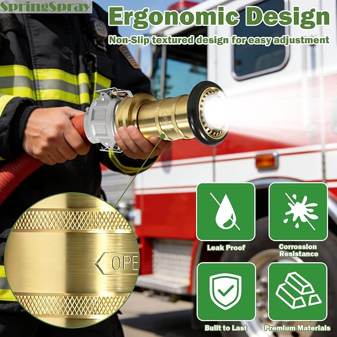 2" NPSH Brass Industrial Fire Hose Nozzle with 2 x Aluminum 2 inch Camlock Fittings Couplings Fire Equipment Constant Flow Heavy-Duty Fog Nozzle