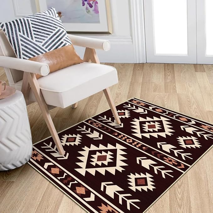 Western Rug 2x3 for Entryway Indoor Mat, Southwestern Aztec Tribal Rugs Southwest Navajo Machine Washable Entrance Rug Non-Slip Printed Low-Pile Entry Floor Carpet Doormat for Bedroom, Red Brown