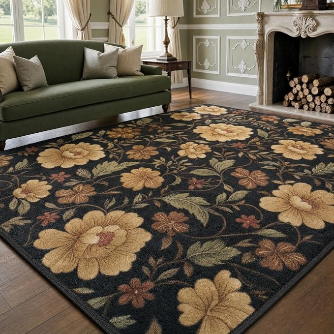 9CH Black Floral Rug - Elegant Vintage Botanical Area Rug with Sage Green Leaves, Non-Slip Dark Flower Pattern Carpet for Dining Room, Entryway (5'x7')