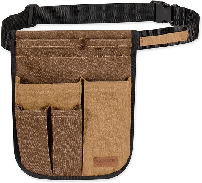 Garden Tool Belt for Women & Men, Slim Denim Garden Apron with 4 Pockets, Lightweight Adjustable Tool Pouch for Gardening, Florist, DIY & Craft, Khaki