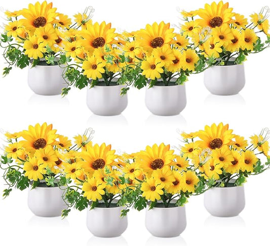 Zeyune 8 Pcs Sunflower Potted Plants Rustic Summer Spring Kitchen Wedding Table Centerpieces Silk Yellow Fake Flower with Plastic Pot for Home Bathroom Office (Stylish,Sunflower)