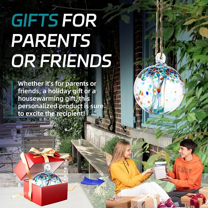 VOREEN 4" Hanging Glass Garden Gazing Ball Hand Blown Glass Witch Ball Christmas Ornament Friendship Balls for Outdoor Garden Patio Window Home Décor, Gift for Mom Wife Friend, Teal Blue