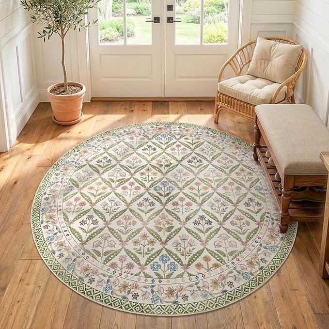 jinchan Round Rug 6ft Vintage Floral Washable Circle Area Rug, Sage Green | Soft & Lightweight, Checkered Floral, Low Pile, Non Slip, Bedroom, Dining Room, Living Room, Girls Room, Reading Nook