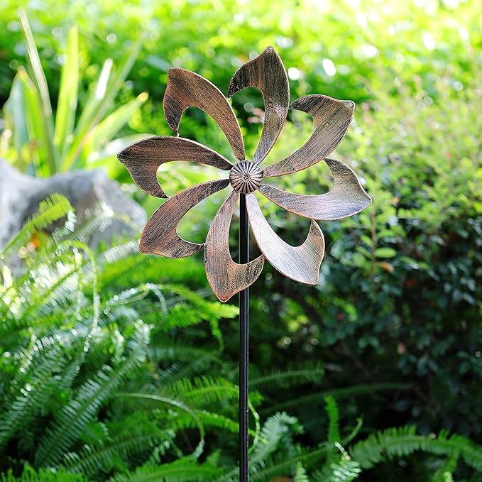 Wind Spinner Garden Decor, 61in(H) Copper Metal Easy Rotate Outdoor Stake | Tool-Free Assembly Adjustable Height Smooth Spin All-Weather Frame Premium Color Gift Box For Holiday Presents Yard Lawn