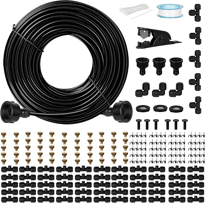 OnBrand 150FT Mister for Outside Patio with 55 Brass Nozzles and 5 T-Joints | Misting Cooling System with 3 Adapters 3/4" and 3 Seals, Outdoor Patio Mister for Party Greenhouse Trampoline Coop Waterpark