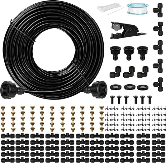 OnBrand 150FT Mister for Outside Patio with 55 Brass Nozzles and 5 T-Joints | Misting Cooling System with 3 Adapters 3/4" and 3 Seals, Outdoor Patio Mister for Party Greenhouse Trampoline Coop Waterpark