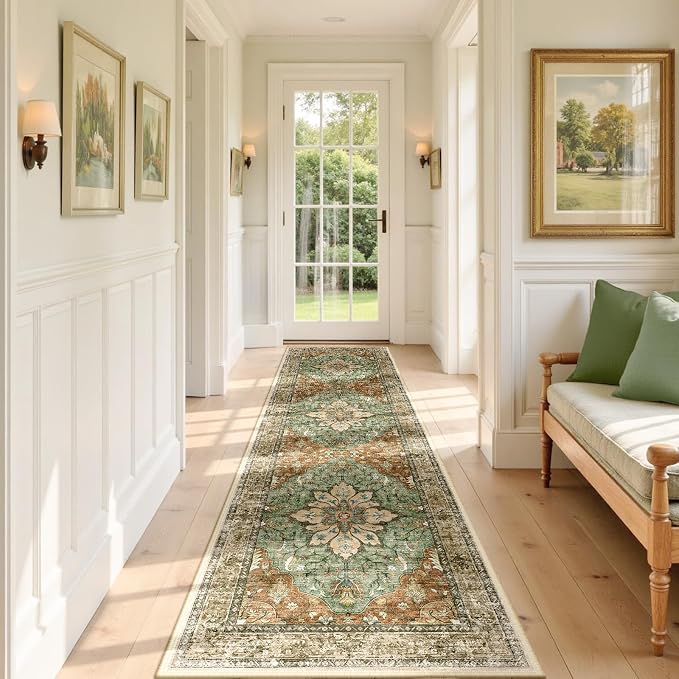 RELEANY Washable Area Rug, Runner 3'x9', Brick/Brown/Green | Non-Slip, Water Repellent, Pet Friendly, Easy to Clean, Vintage Floral Boho Decor for Kitchen Hallway Bedroom Laundry