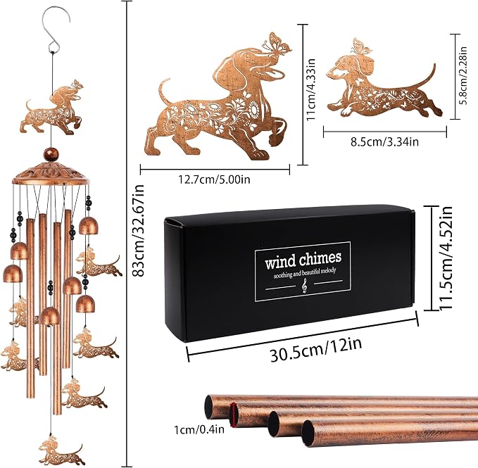 Dachshund Wind Chimes for Outside, Wiener Dog Gifts for Women Men Metal Windchimes Outdoors, Floral Butterfly Dog Design Home Garden Patio Yard Decor